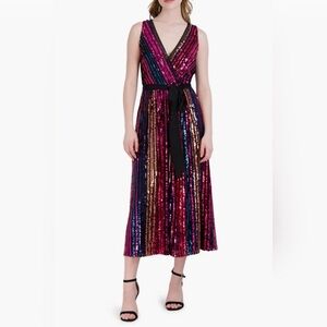 Sequin Stripe V-Neck Midi Dress in Magenta Multi